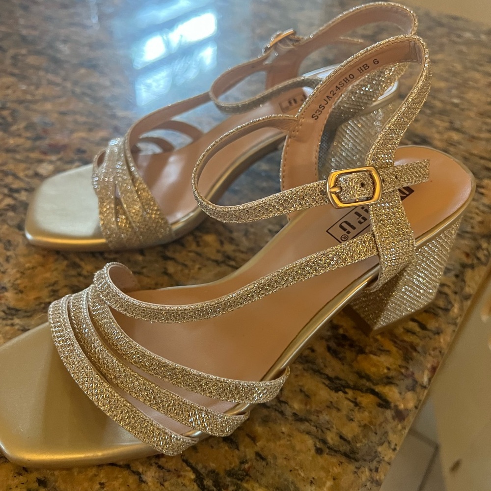 Gold glitter block heels